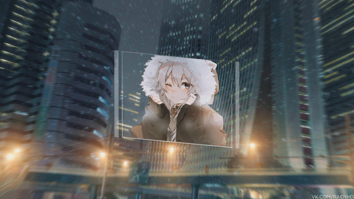 Anime girl in snow, picture-in-picture, 4K