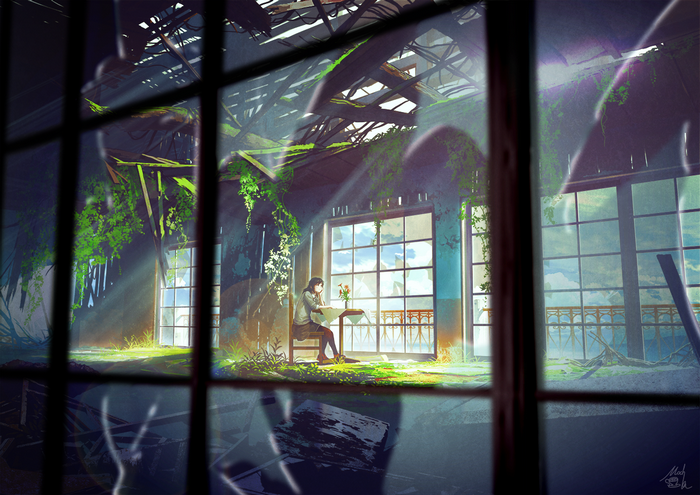 Anime girl sitting in a ruined building