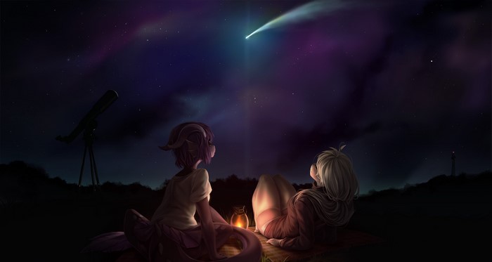 Dragon girl and furry watching a comet
