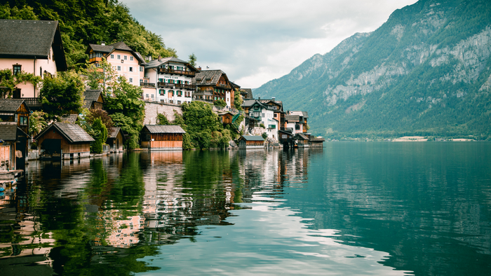 Hallstatt, Austria village on a lake with mountains