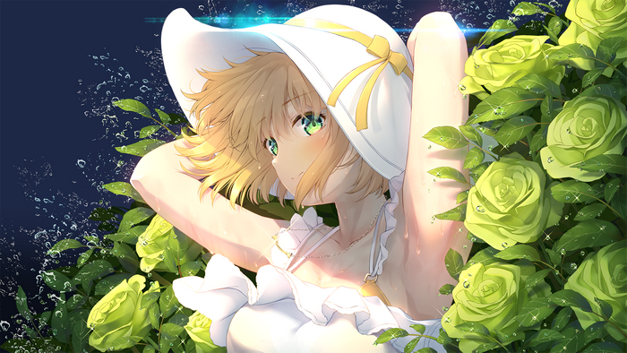 Anime girl with blonde hair and green eyes wearing a sun hat