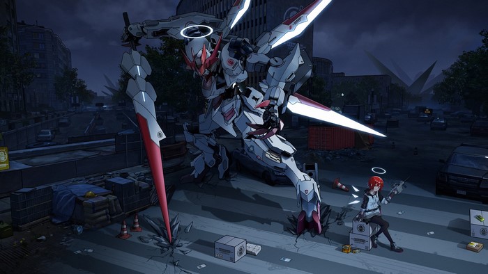 Girl with SMG and Mech from Arknights in a City