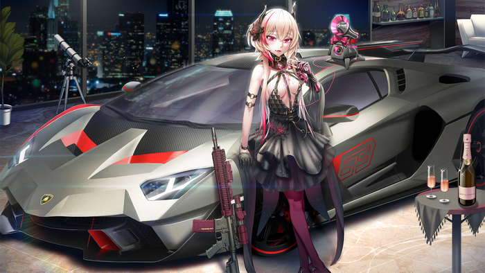 Anime girl with assault rifle and Lamborghini Aventador SVJ