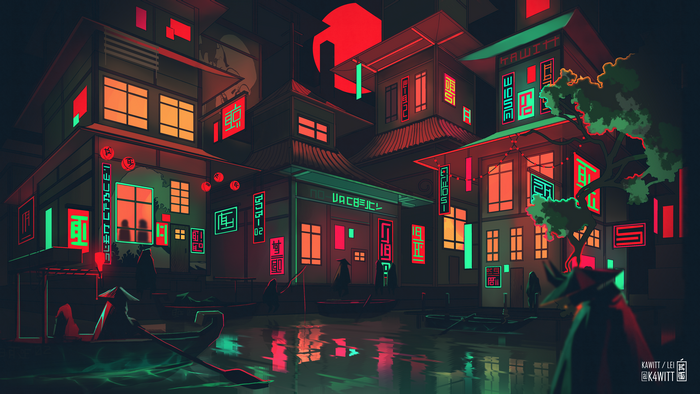 4K Neon Asian Cityscape with Boats