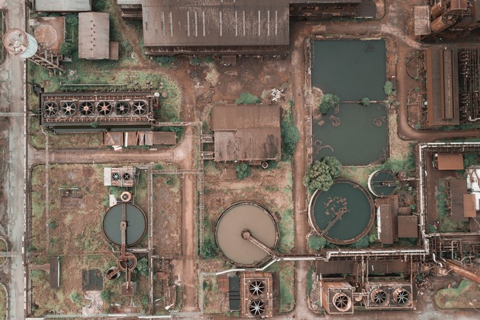 Aerial view of an industrial complex with water treatment facilities