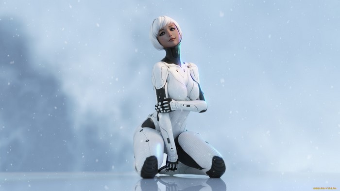 AriaRedux cyborg kneeling in snow