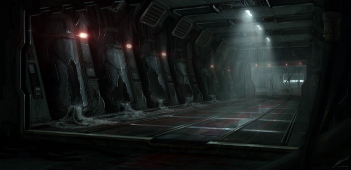 Dark Sci-Fi Corridor with Blood Stains