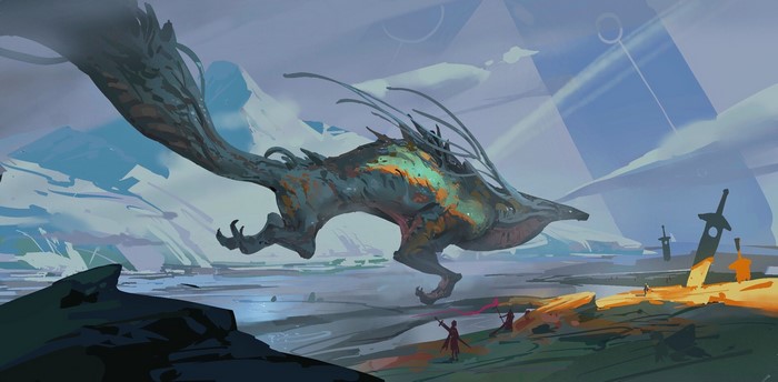 Fantasy creature with swords and mountains