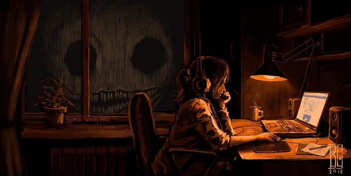 Girl working on laptop at night with monster outside window