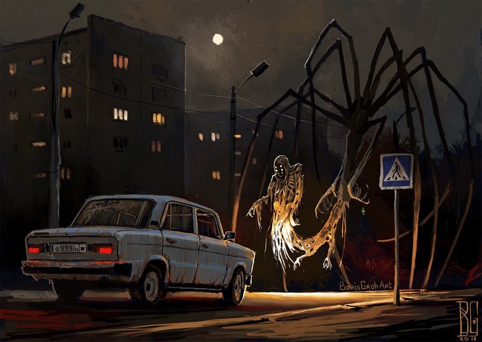 Creepy creature and car on a dark street