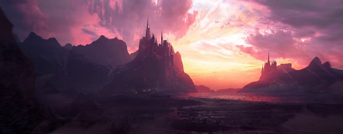 Fantasy castle on mountain during sunset