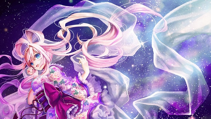 Anime girl in kimono with flowing hair in starry sky