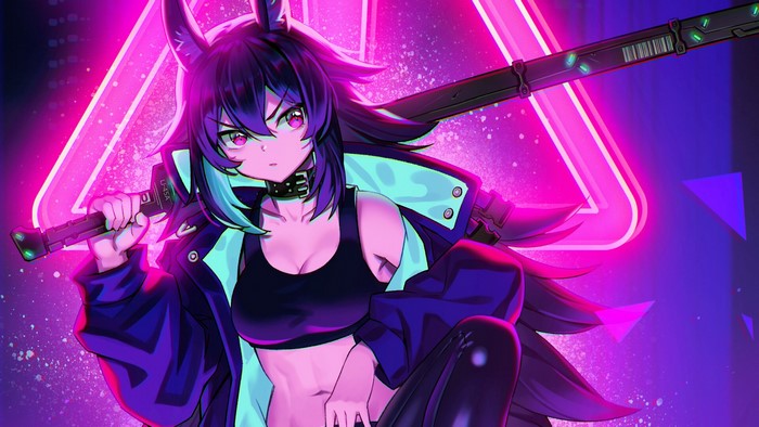 Neon Sword-Wielding Character with Horns