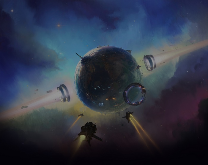 Space scene with a large planet and ships