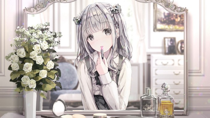 Anime girl applying lipstick in a mirror
