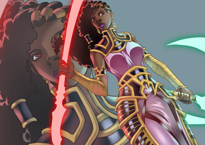 Neterou Sekhmet with red and green lightsabers