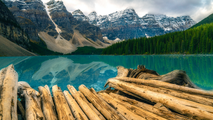 Moraine Lake with Mountains and Logs