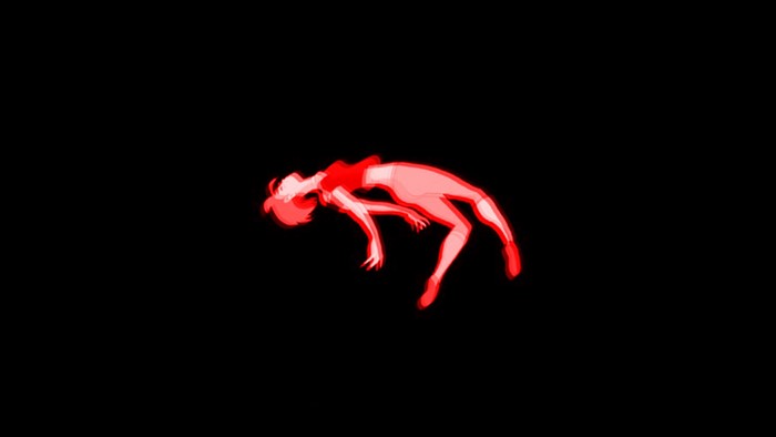 Anime character floating in red, black background
