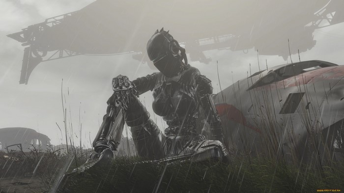 Robot sitting in the rain next to a crashed vehicle