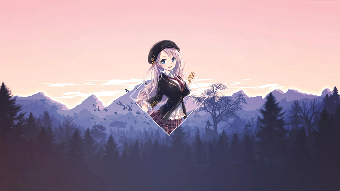 Anime girl in school uniform with mountains and forest background