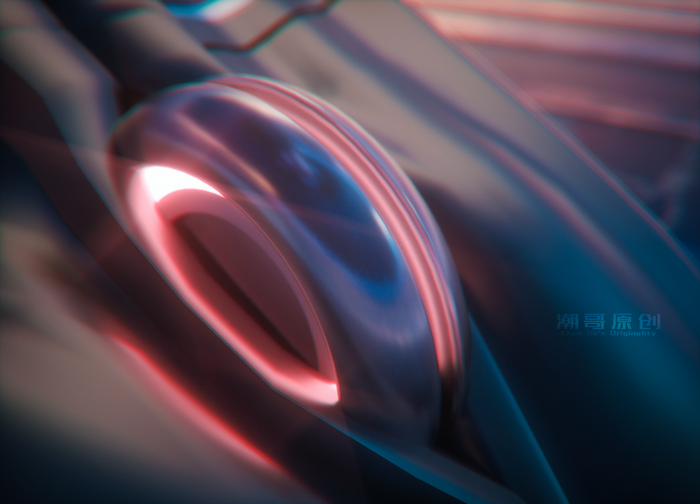 Abstract metallic sculpture with red and blue lighting