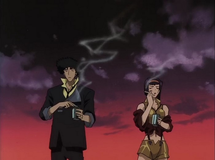 Spike Spiegel and Faye Valentine from Cowboy Bebop smoking