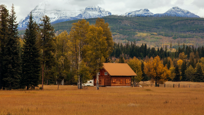 Log cabin in a meadow with snowy mountains