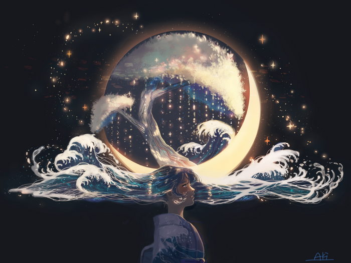 Fantasy girl with moon, tree, and waves