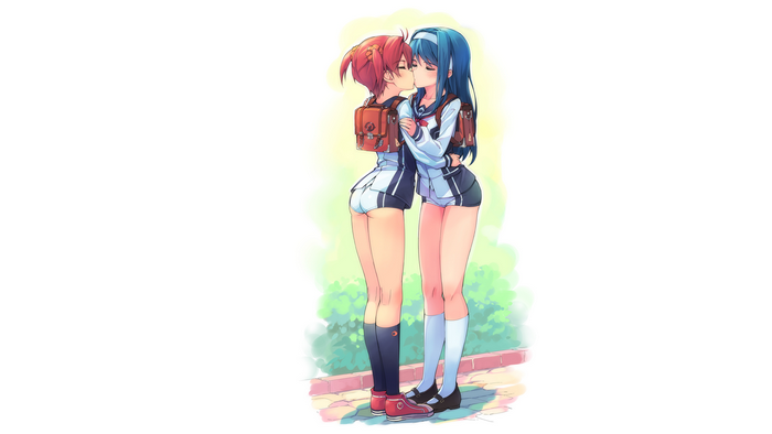 Akane Isshiki and Aoi Futaba from Vividred Operation kissing