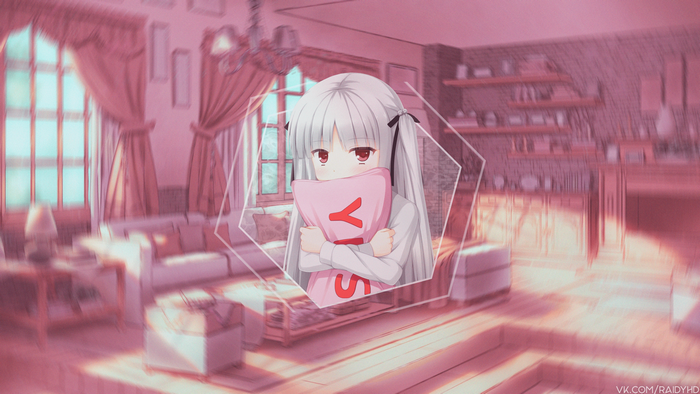 Anime girl holding a pink pillow with 'YIS' on it