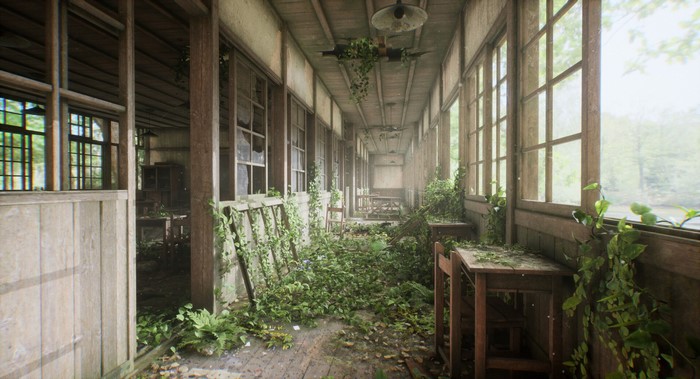 Abandoned Japanese School Corridor Overgrown with Plants