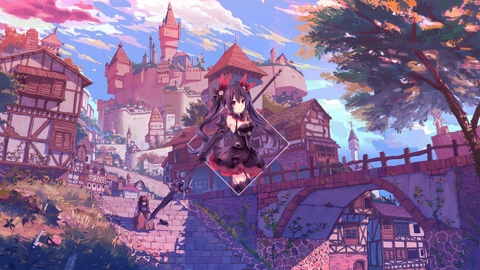 Anime girl with black dress and spear in fantasy town