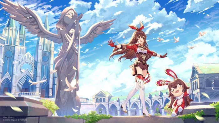 Amber and Paimon from Genshin Impact in a fantasy city