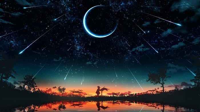 Anime landscape with crescent moon and shooting stars over water