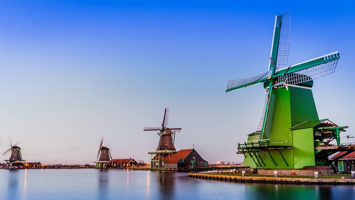 Windmills in the Netherlands at dusk