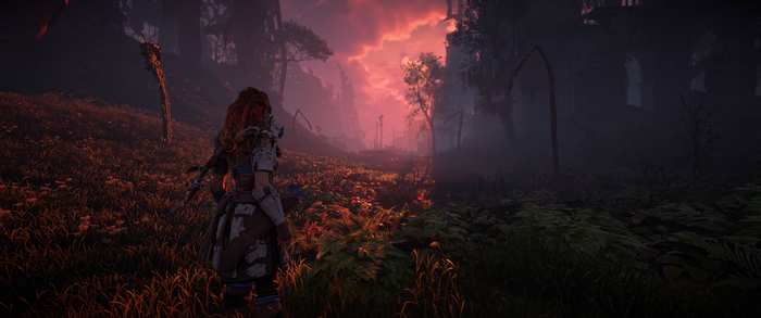 Aloy from Horizon Zero Dawn in a forest at sunset