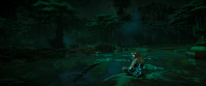 Aloy from Horizon Zero Dawn by a lake at night