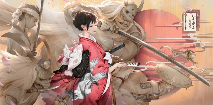 Samurai woman in kimono with cranes and frog