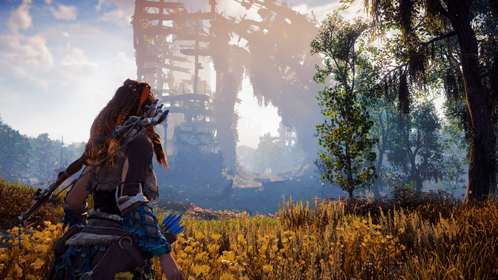Aloy from Horizon: Zero Dawn in a ruined landscape