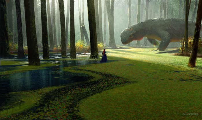 A woman and a large creature in a misty forest swamp