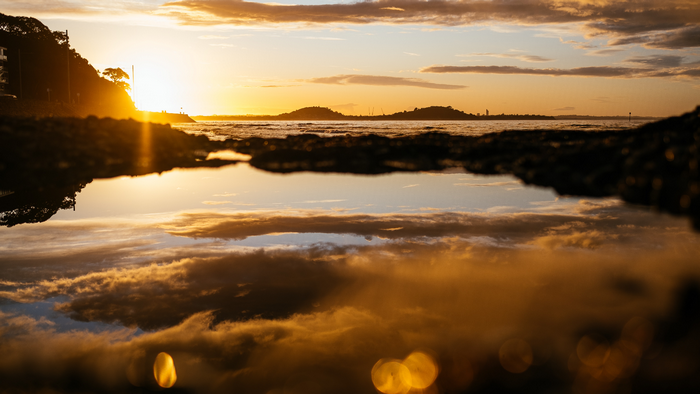 Sunset over water with reflection in Auckland, New Zealand