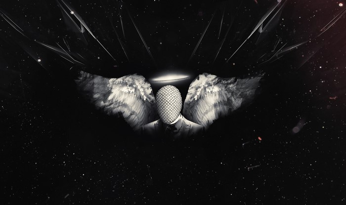 Anonymous figure with angel wings in space