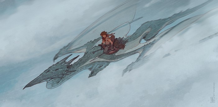 Fantasy art of a girl riding a dragon