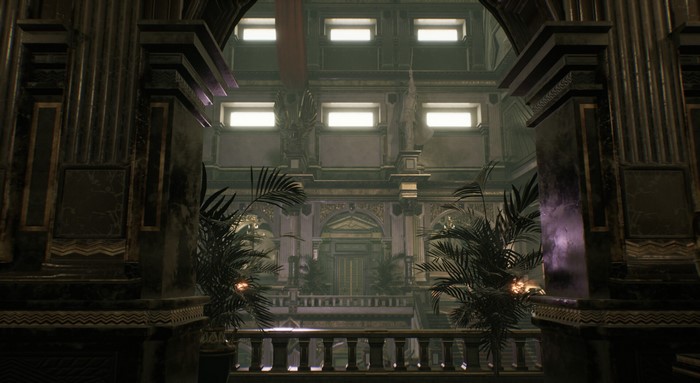 Fantasy interior with plants and statues