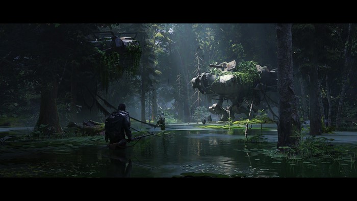Man in swamp with abandoned carrier and trees