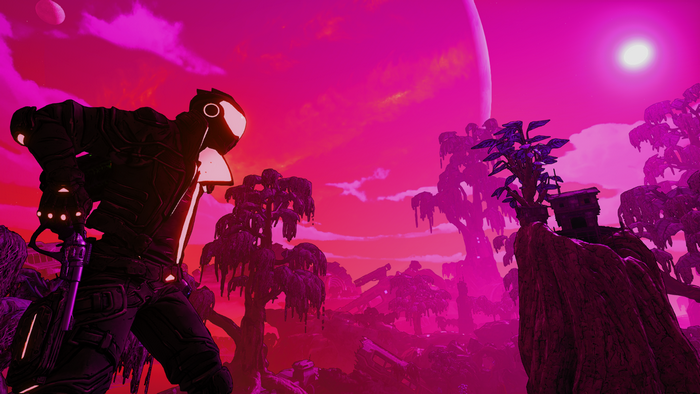 Character in armor on alien planet with pink sky