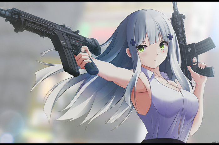 HK416 from Girls Frontline holding two assault rifles