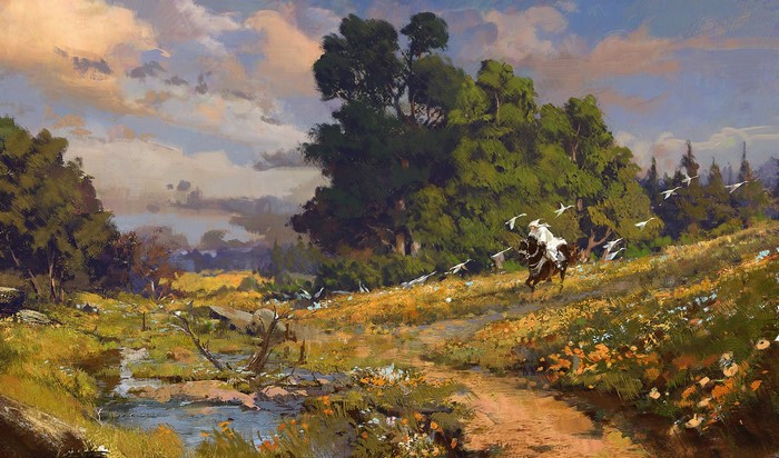 Fantasy art of a man on horseback in a field