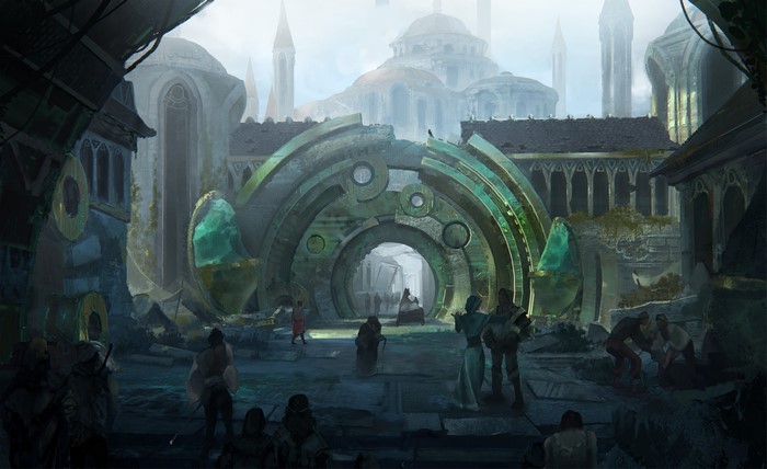 Fantasy city with ancient ruins and people