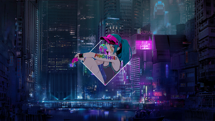 Anime girl with Pandahero tattoo in a neon city